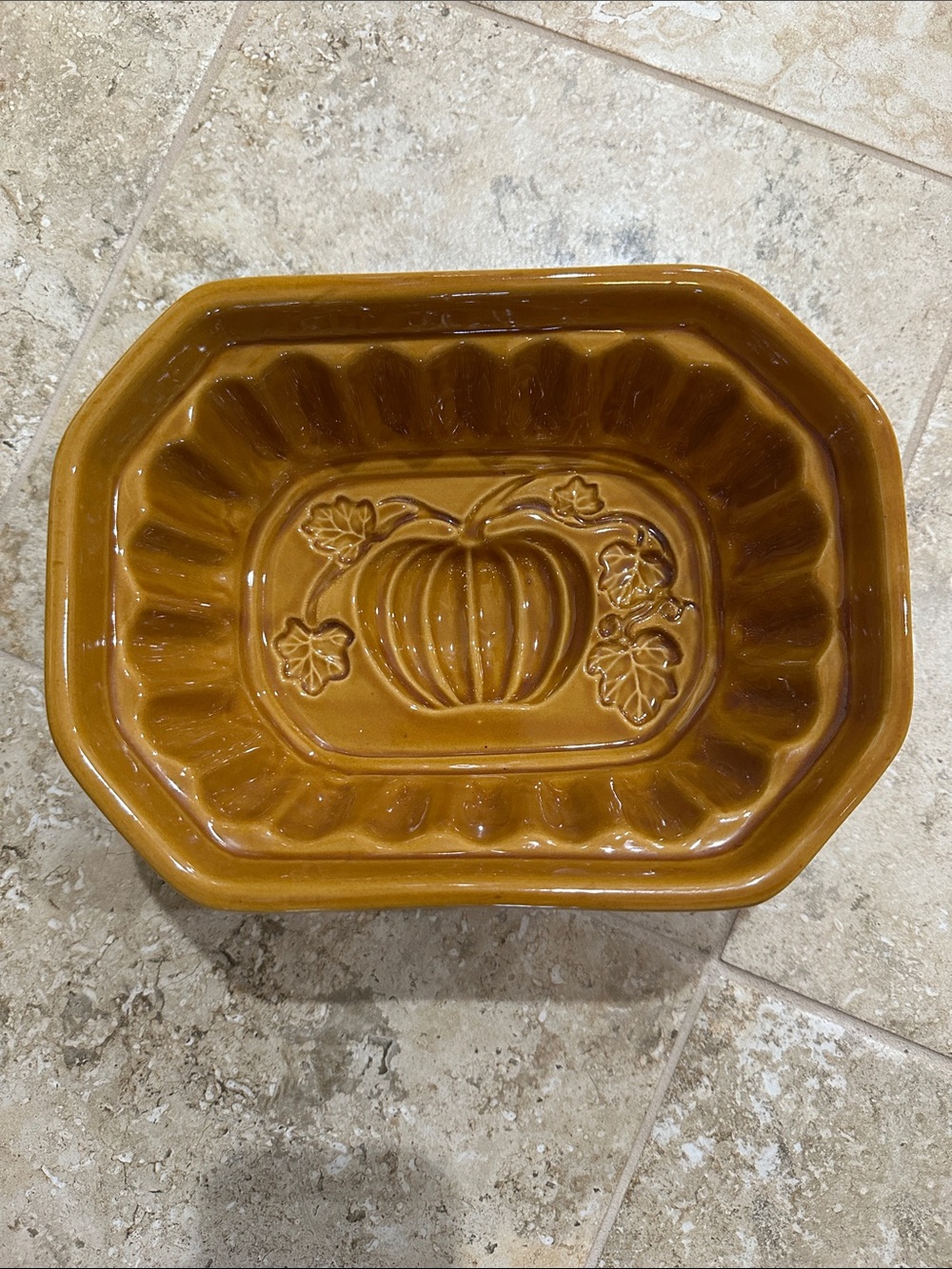 Crate and Barrel Stoneware Pumpkin bread, cake,  jello Dish - Amber Brown